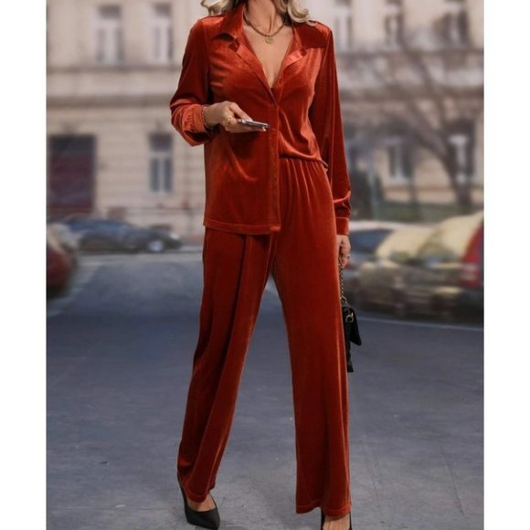 Coord set  Button down long sleeve velvet shirt & Pants Set burnt orange - Picture 2 of 5